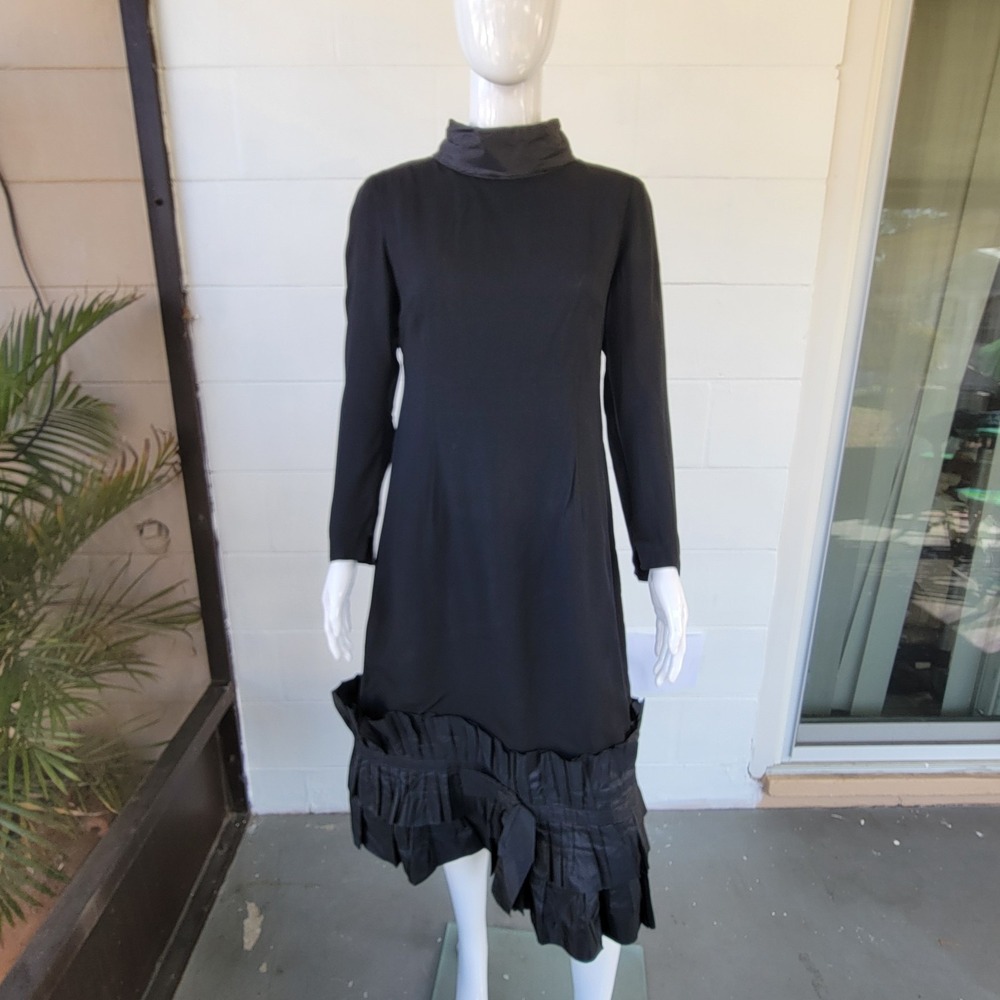 Vintage 80's Taffeta Ruffle Hem Dress Black High Collar Women's Size 4 Homemade